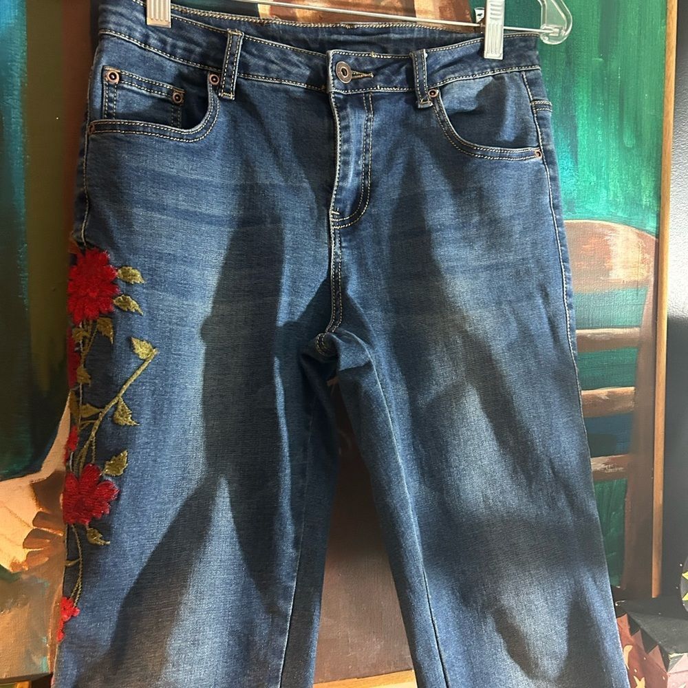 Straight Leg Blue Jeans with Red Floral Embroidery - Picture 3 of 13